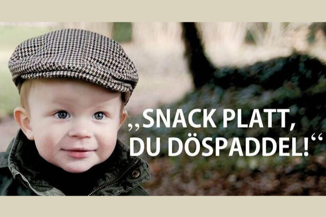 Foto vom Kind mit Mütze und Überschrift "Snack Platt, du Döspaddel!"