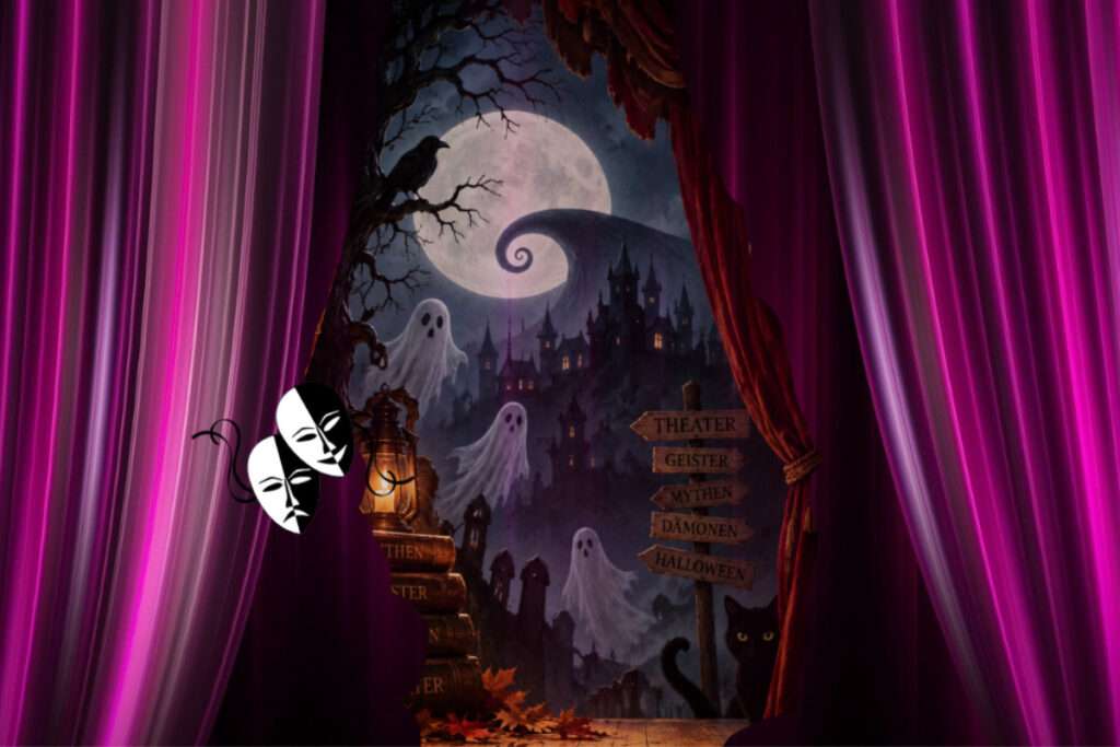Grafik mit Geistern vor Vollmond auf einer Theaterbühen