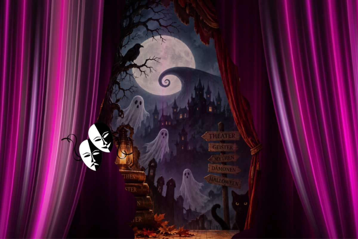 Grafik mit Geistern vor Vollmond auf einer Theaterbühen